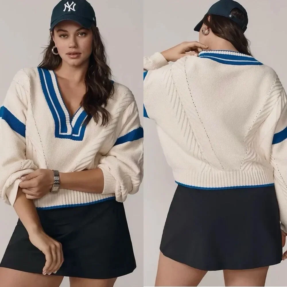 MAEVE By Anthropologie Modern V-Neck Cable Pullover Sweater Small Coastal Preppy